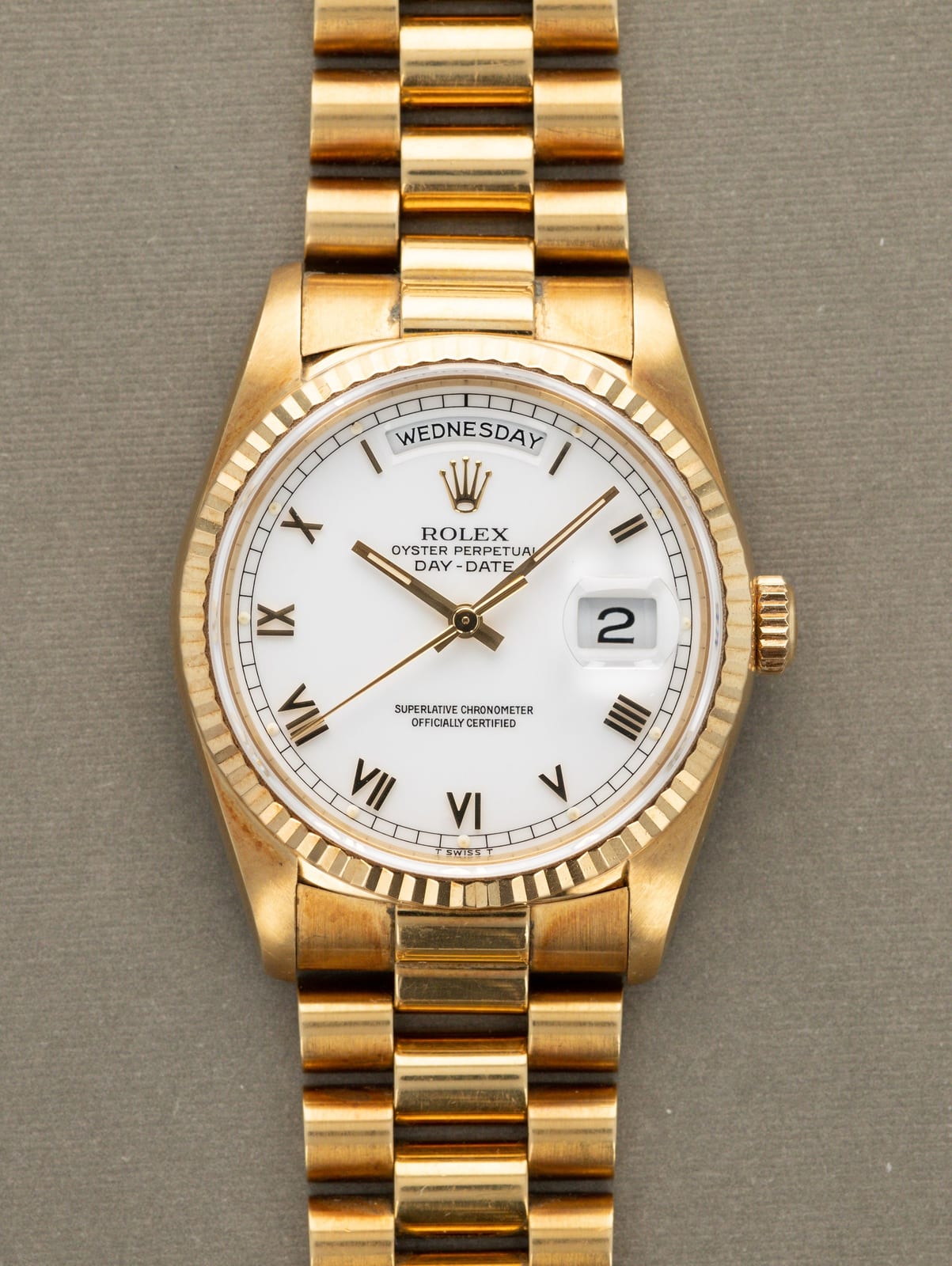 Reference image of a Rolex Day-Date 36 18238 in yellow gold with white Roman dial