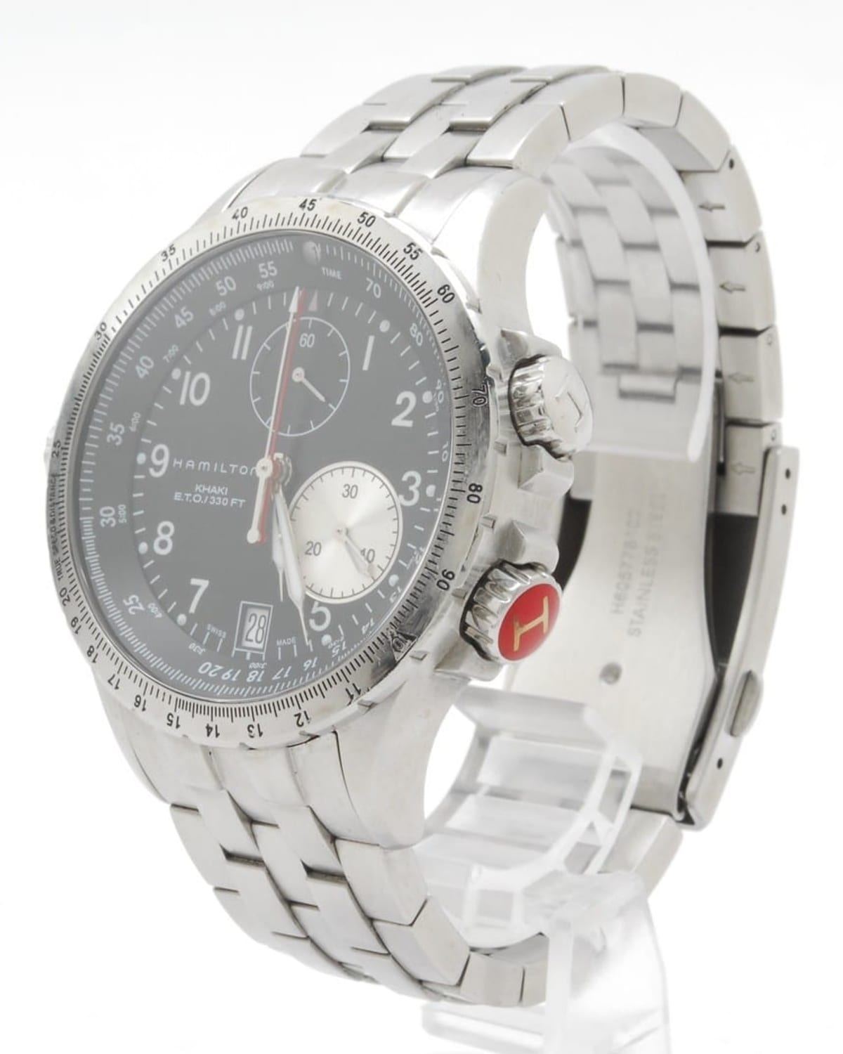 Reference image of a Hamilton Khaki ETO H776121 quartz chronograph with black dial